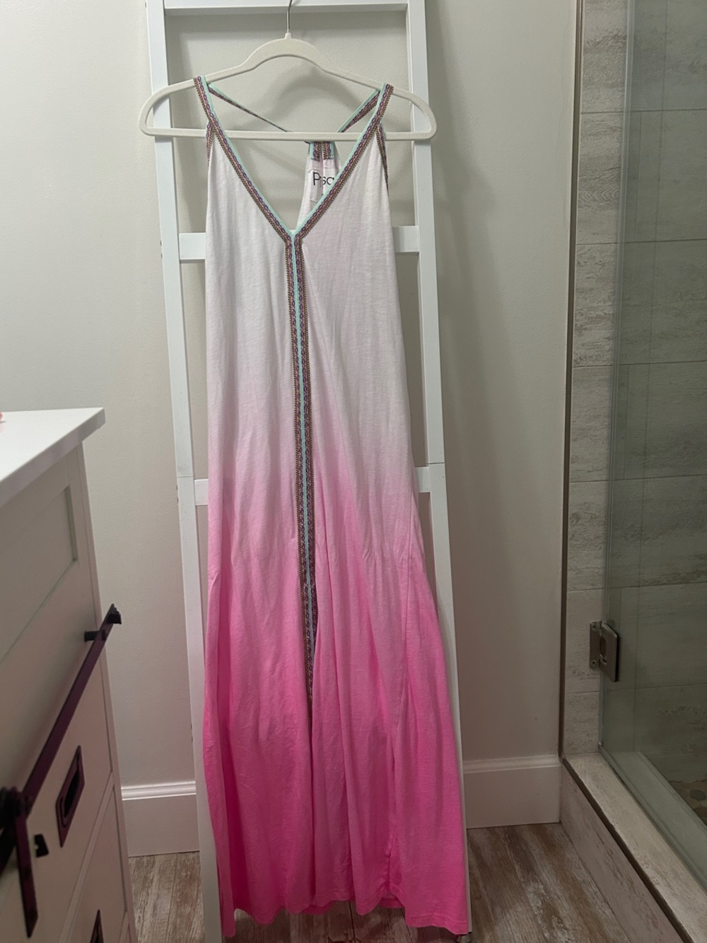 Pitusa pink and white with mint Trim Spaghetti-Strap Dress